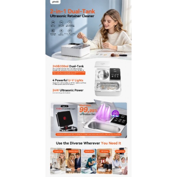 2-In-1 Dual-Tank Ultrasonic Retainer Cleaner, Phniti 50kHz Ultrasonic Cleaner Machine