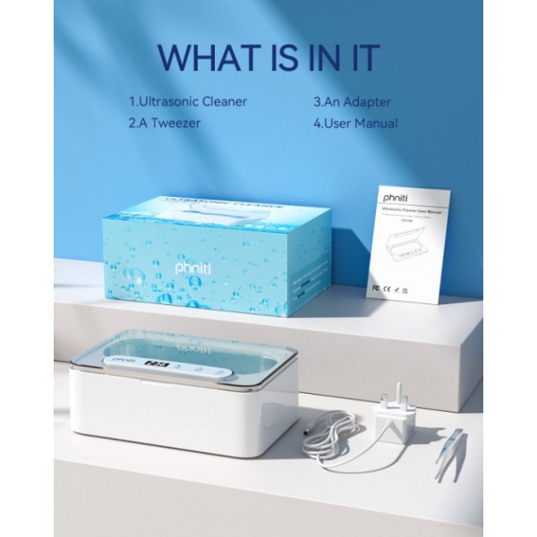 Phniti Ultrasonic Jewellery Cleaner, 47KHz Ultrasonic Cleaner Machine 330ml, Portable Ultrasonic Retainer Cleaner with 3 Timer Modes for Retainers, Jewellery, Glasses, Dentures, Rings, Watches Use
