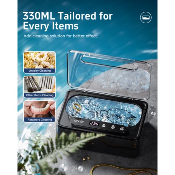 Ultrasonic Cleaner, Ultrasonic Cleaner 47 kHz, Portable Ultrasonic Tray 330 ml with 3 Modes of Ultrasonic Cleaner Glasses for Jewelry, Dentures, Glasses, Rings and Watches (Black)