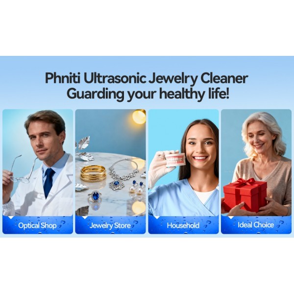 Phniti Ultrasonic Jewellery Cleaner, 47KHz Ultrasonic Cleaner Machine 330ml, Portable Ultrasonic Retainer Cleaner with 3 Timer Modes for Retainers, Jewellery, Glasses, Dentures, Rings, Watches Use