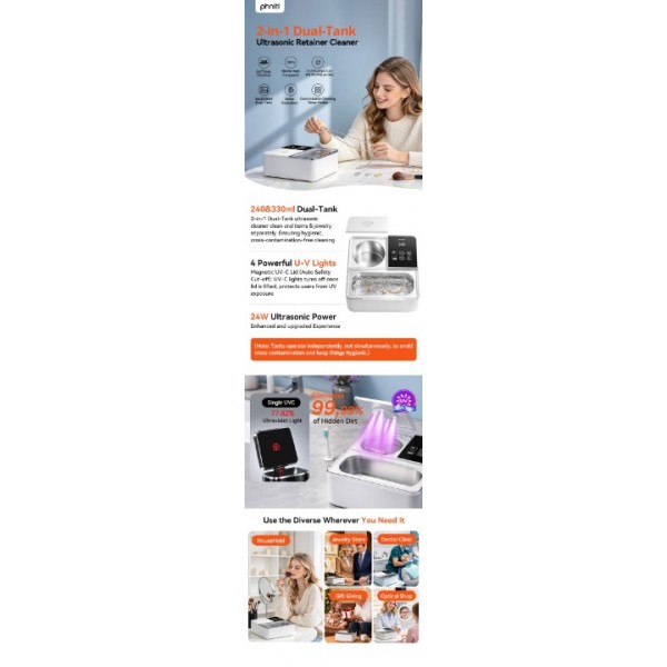 2-In-1 Dual-Tank Ultrasonic Retainer Cleaner, Phniti 50kHz Ultrasonic Cleaner Machine
