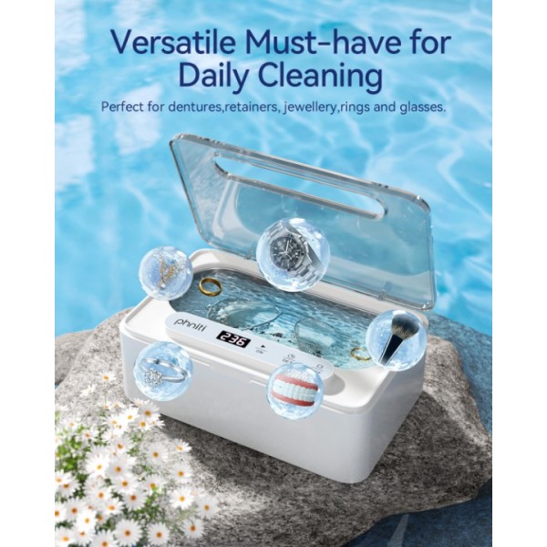 Phniti Ultrasonic Jewellery Cleaner, 47KHz Ultrasonic Cleaner Machine 330ml, Portable Ultrasonic Retainer Cleaner with 3 Timer Modes for Retainers, Jewellery, Glasses, Dentures, Rings, Watches Use