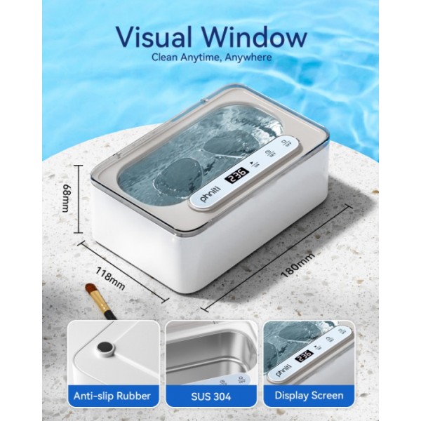 Phniti Ultrasonic Jewellery Cleaner, 47KHz Ultrasonic Cleaner Machine 330ml, Portable Ultrasonic Retainer Cleaner with 3 Timer Modes for Retainers, Jewellery, Glasses, Dentures, Rings, Watches Use