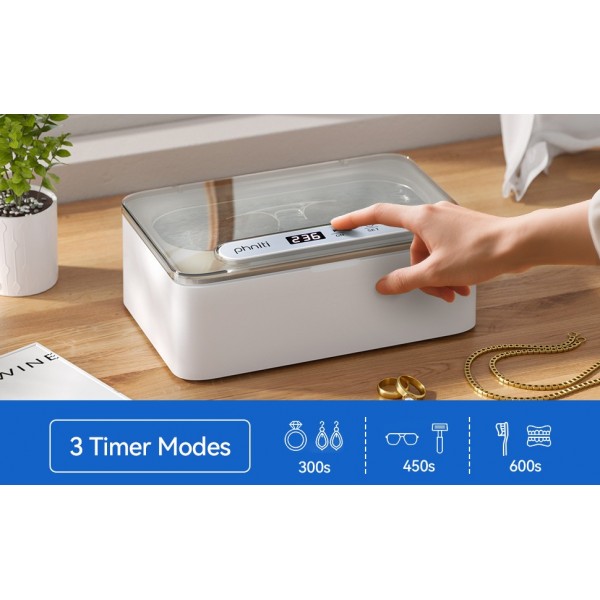 Phniti Ultrasonic Jewellery Cleaner, 47KHz Ultrasonic Cleaner Machine 330ml, Portable Ultrasonic Retainer Cleaner with 3 Timer Modes for Retainers, Jewellery, Glasses, Dentures, Rings, Watches Use