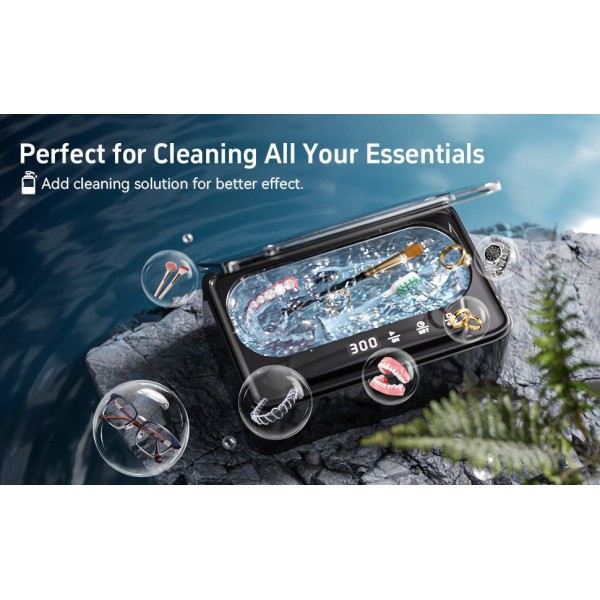 Ultrasonic Cleaner, Ultrasonic Cleaner 47 kHz, Portable Ultrasonic Tray 330 ml with 3 Modes of Ultrasonic Cleaner Glasses for Jewelry, Dentures, Glasses, Rings and Watches (Black)