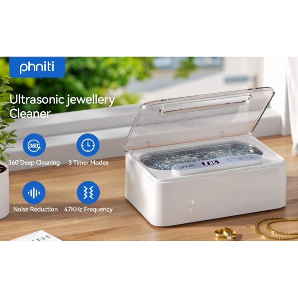 Phniti Ultrasonic Jewellery Cleaner, 47KHz Ultrasonic Cleaner Machine 330ml, Portable Ultrasonic Retainer Cleaner with 3 Timer Modes for Retainers, Jewellery, Glasses, Dentures, Rings, Watches Use