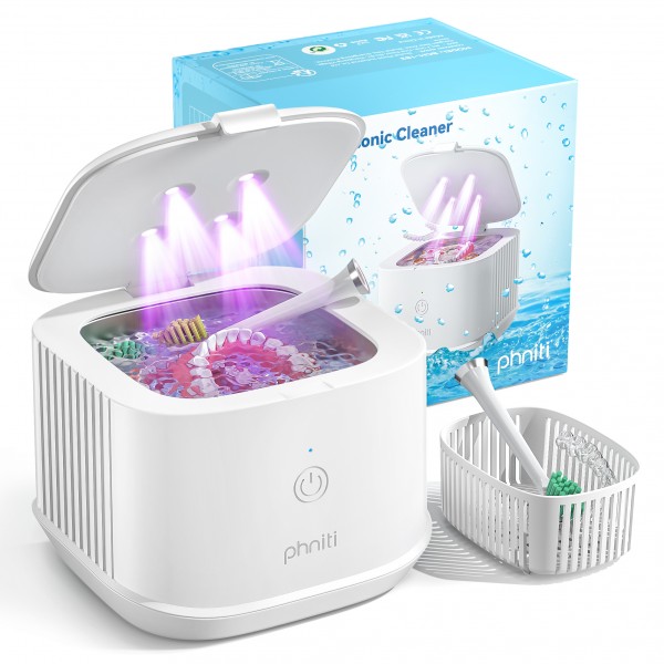 Ultrasonic Retainer Cleaner, Phniti 48kHz Professional Ultrasonic Cleaner Machine for Retainers, Jewelry, Dentures, Mouth Guard, Aligner, Toothbrush Heads, 13OZ Portable Dental Cleaning-White